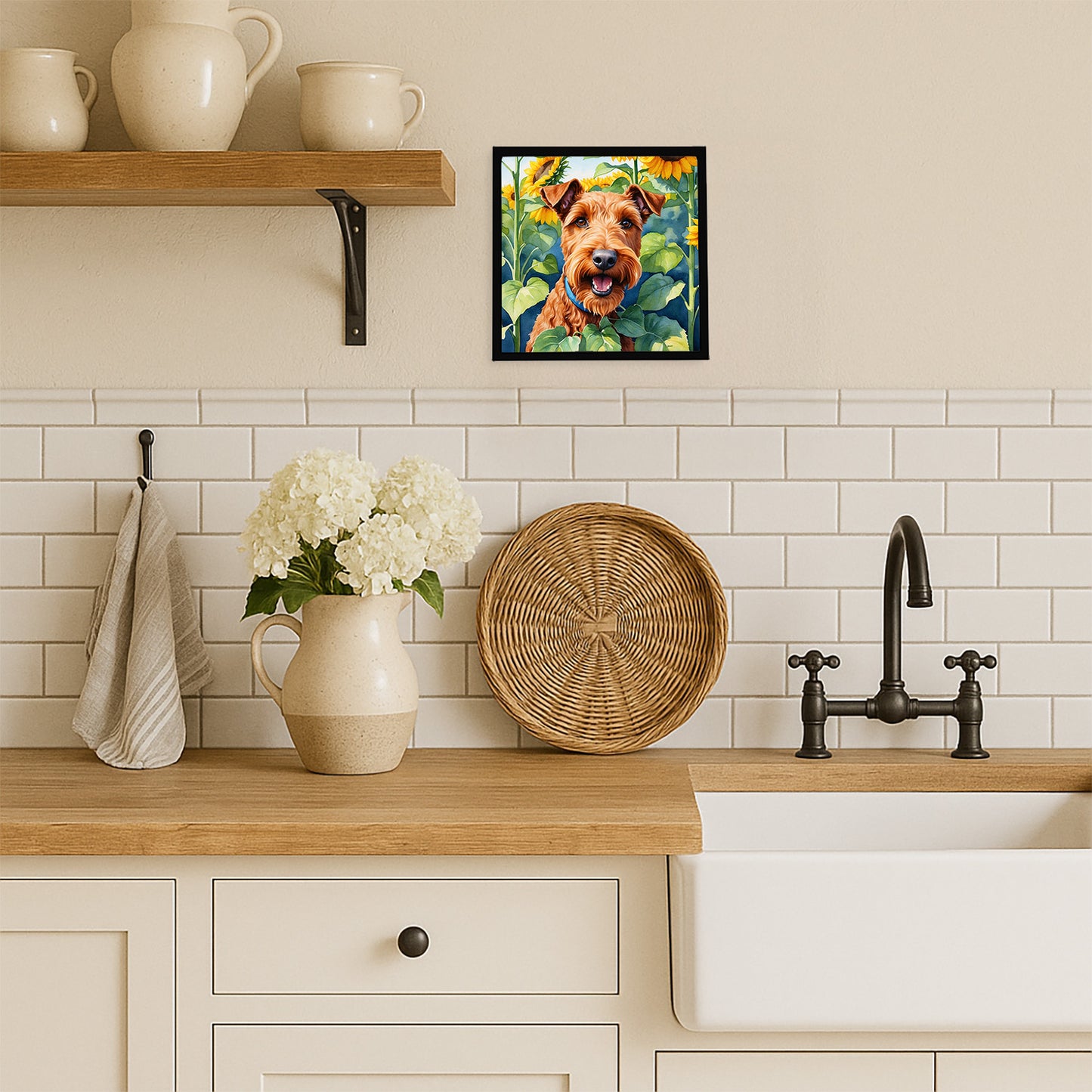 Irish Terrier in Sunflowers Framed Metal Print