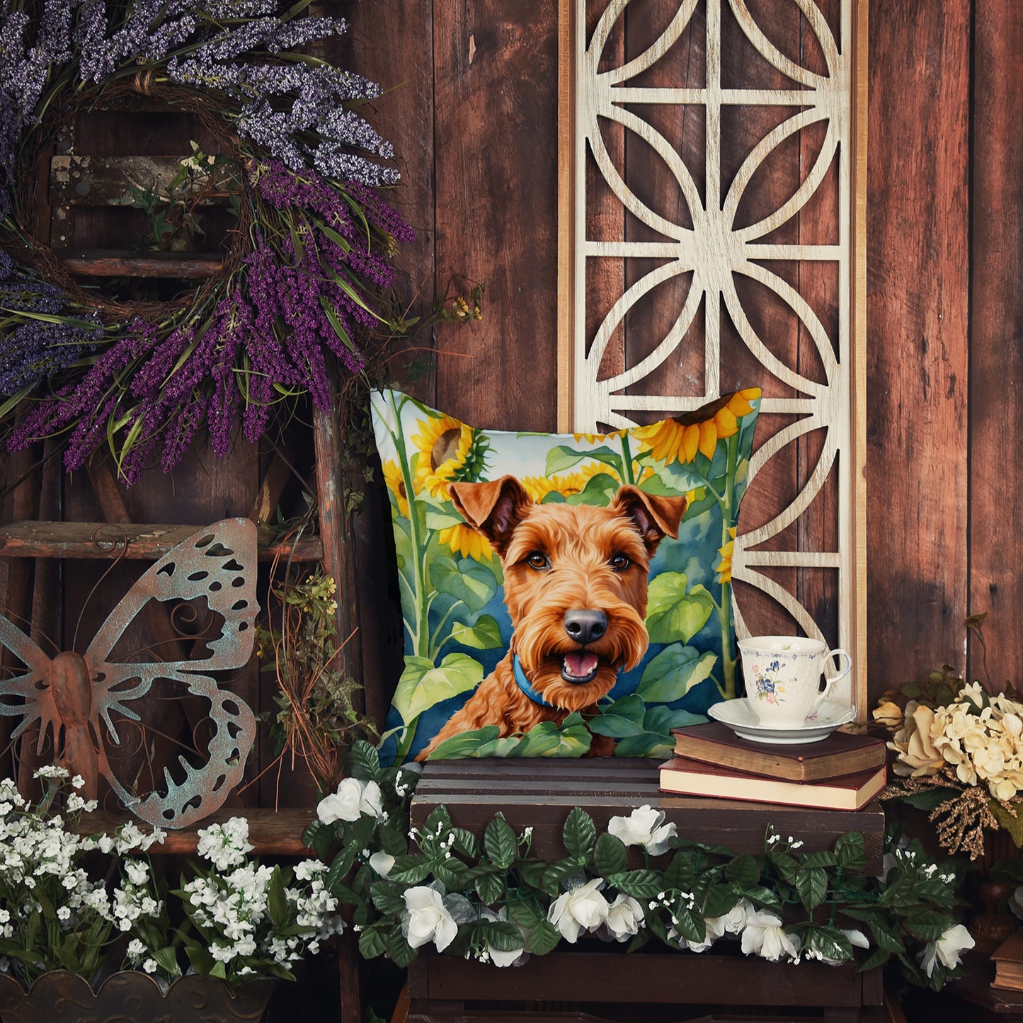 Irish Terrier in Sunflowers Throw Pillow