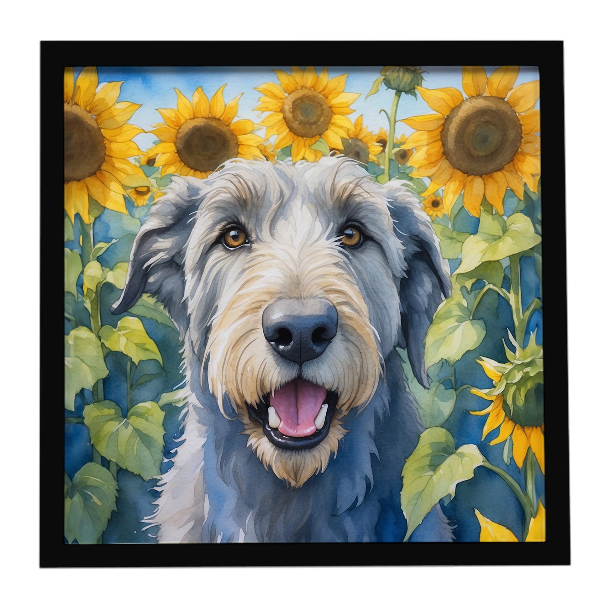 Buy this Irish Wolfhound in Sunflowers Framed Metal Print