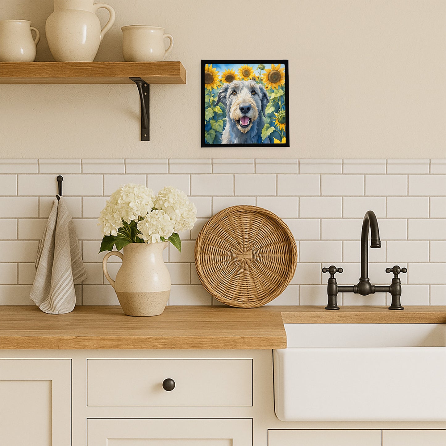 Irish Wolfhound in Sunflowers Framed Metal Print