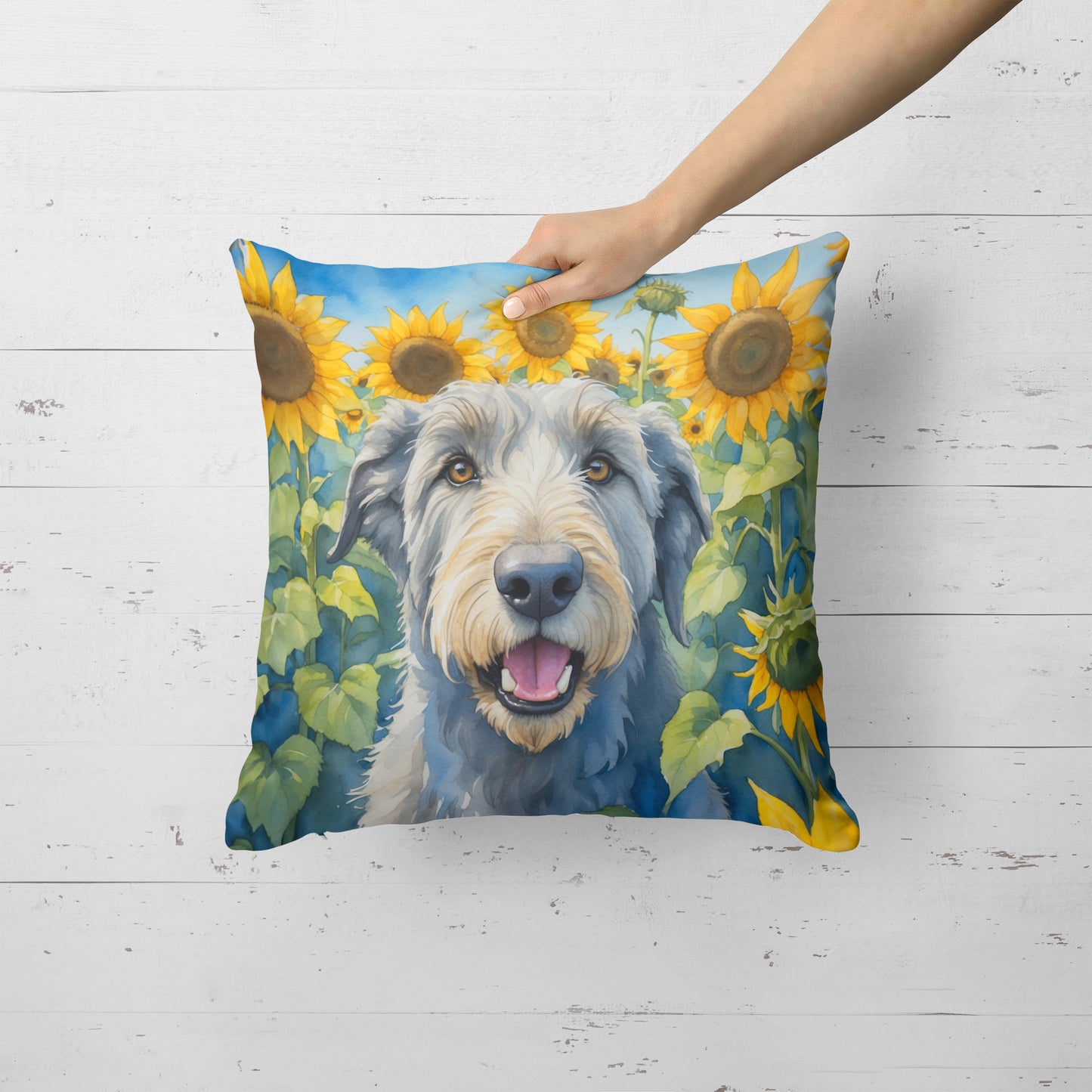 Irish Wolfhound in Sunflowers Throw Pillow