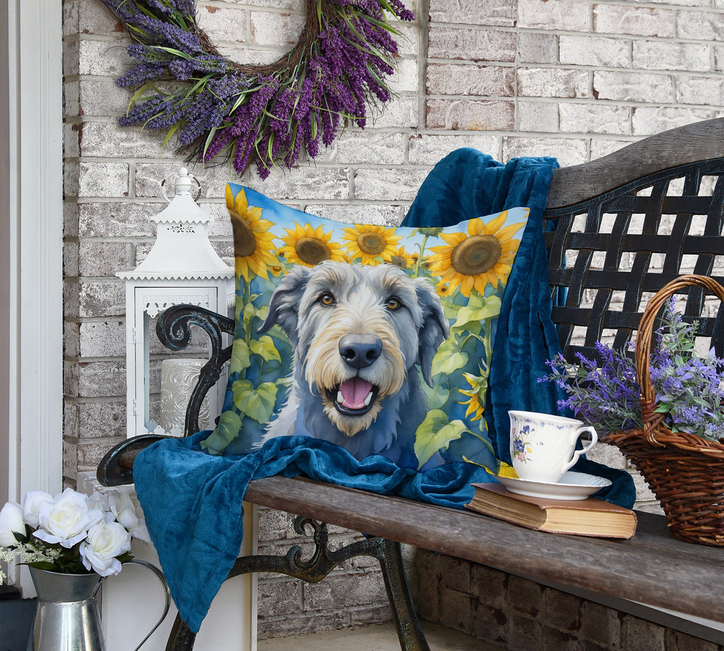 Irish Wolfhound in Sunflowers Throw Pillow