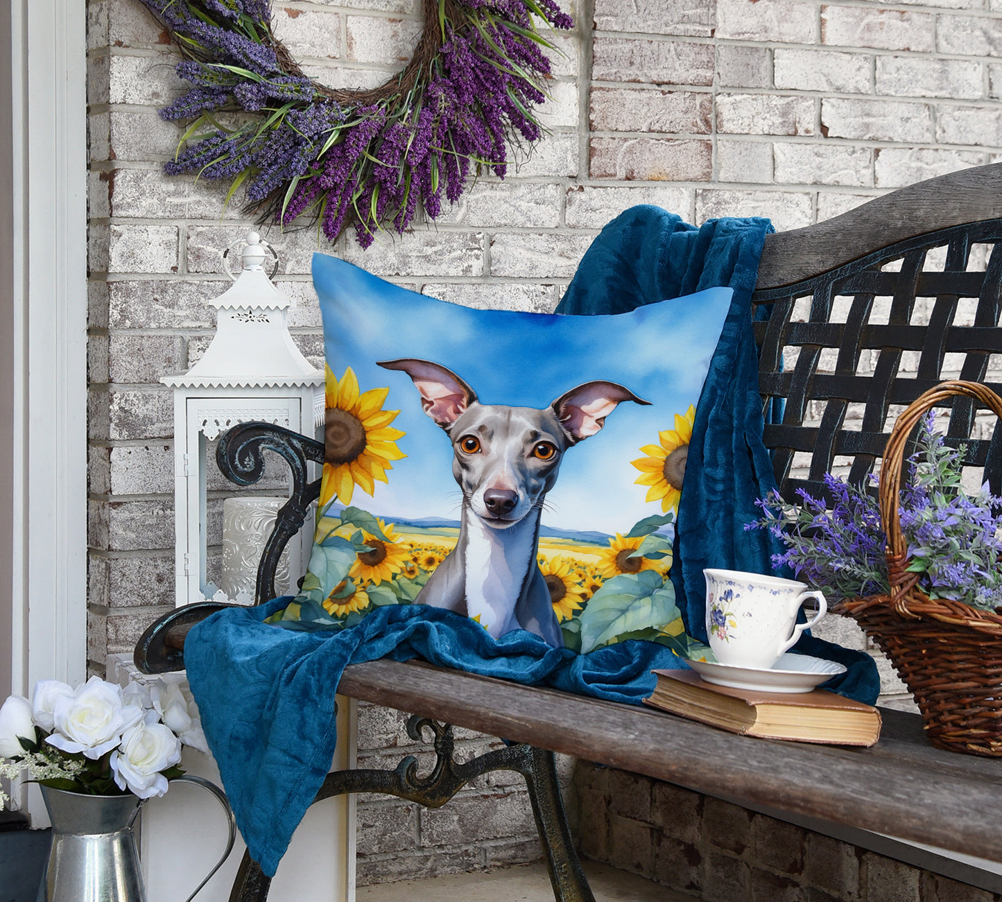 Italian Greyhound in Sunflowers Throw Pillow