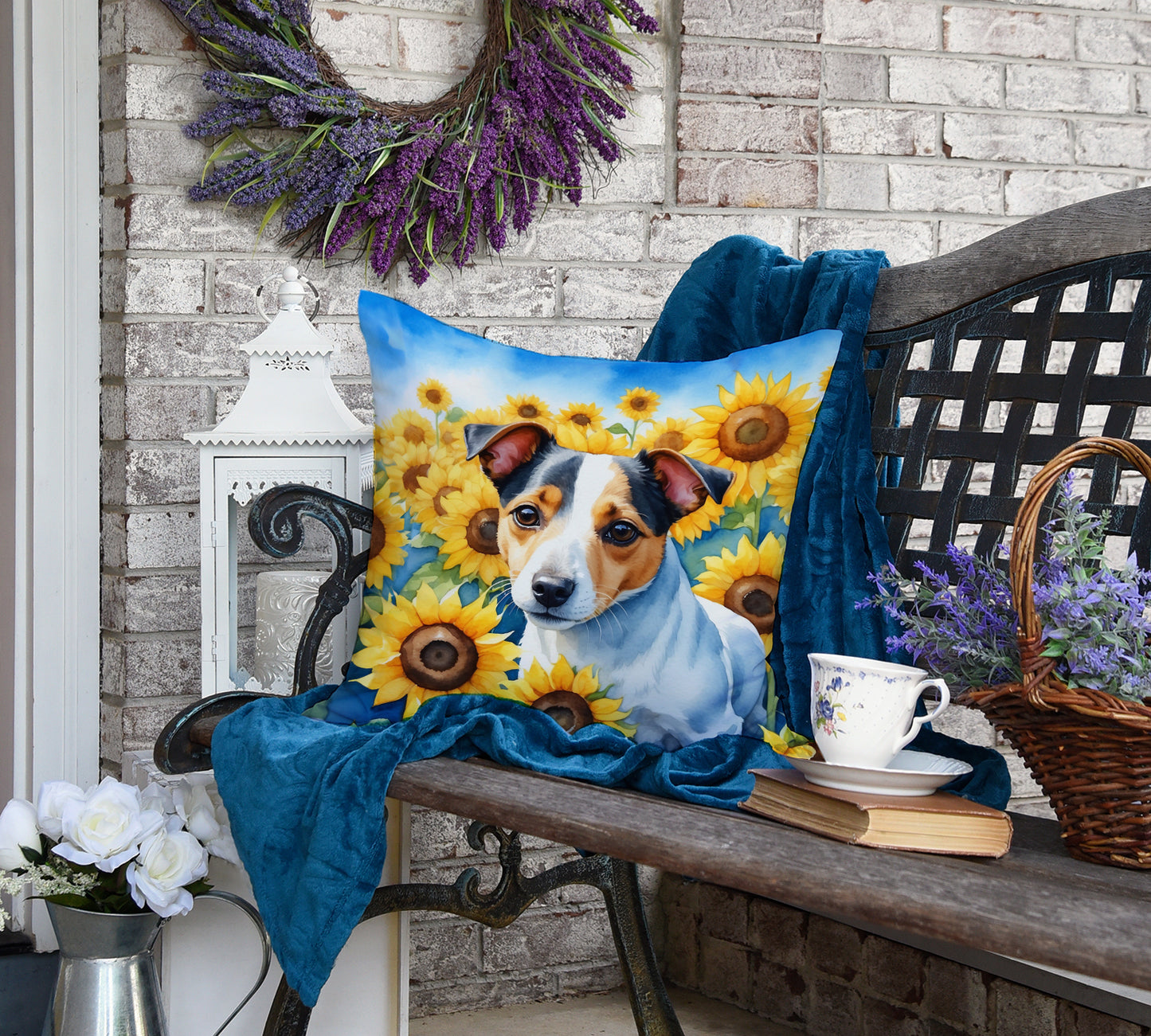 Jack Russell Terrier in Sunflowers Throw Pillow