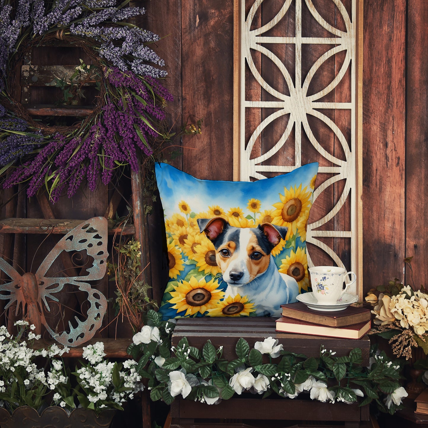 Jack Russell Terrier in Sunflowers Throw Pillow