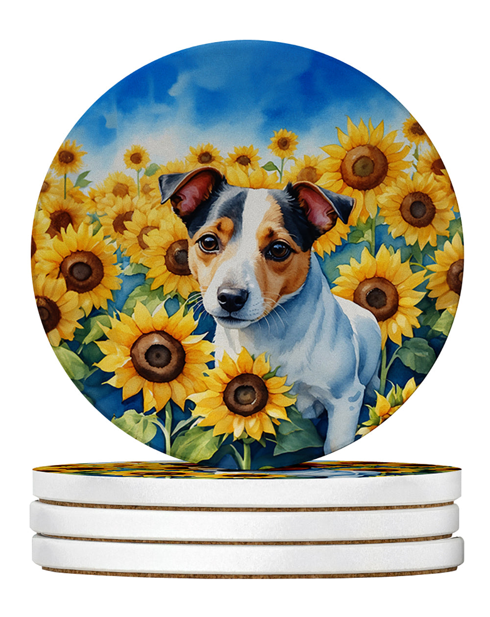 Buy this Jack Russell Terrier in Sunflowers Large Sandstone Coasters Pack of 4