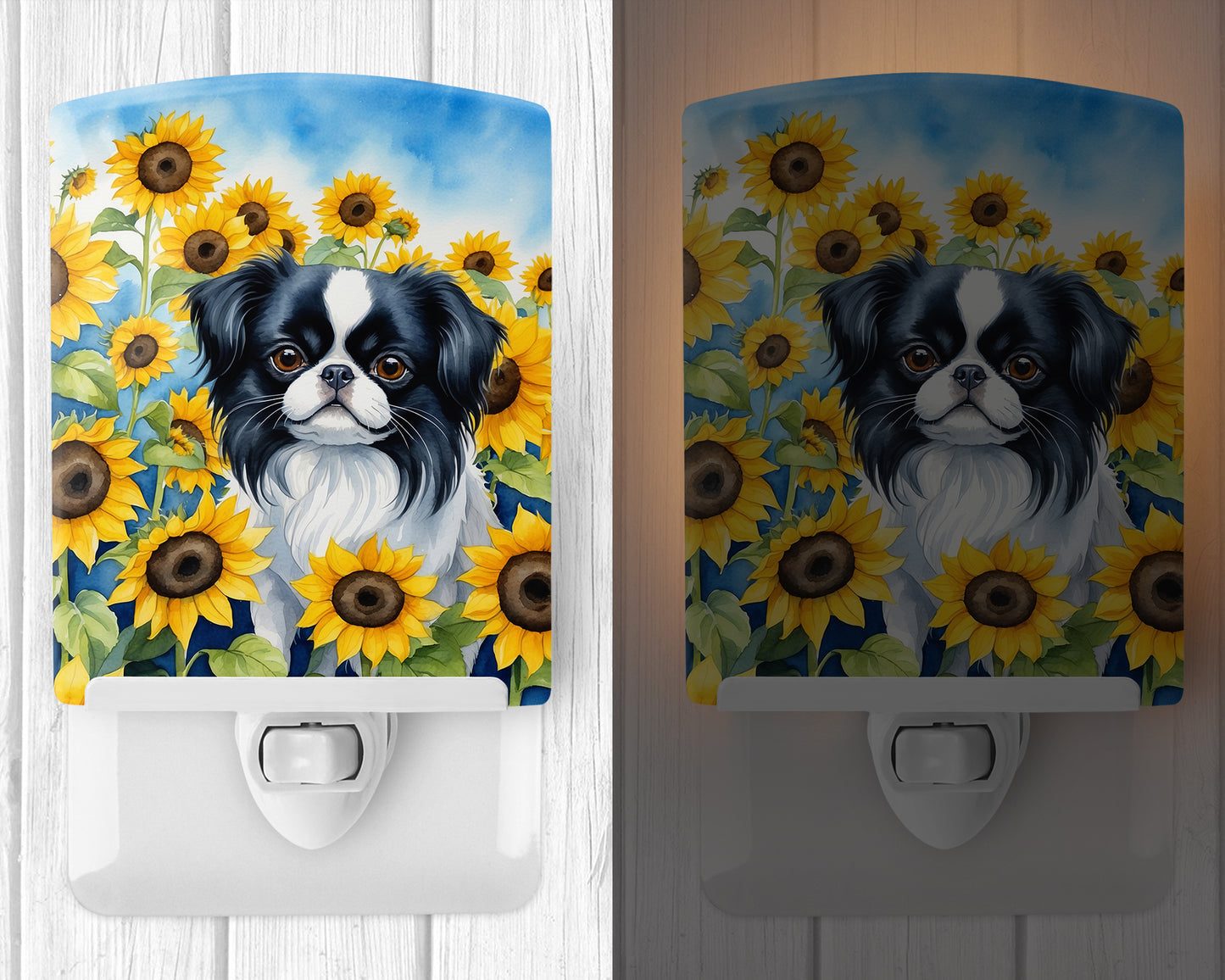 Japanese Chin in Sunflowers Ceramic Night Light