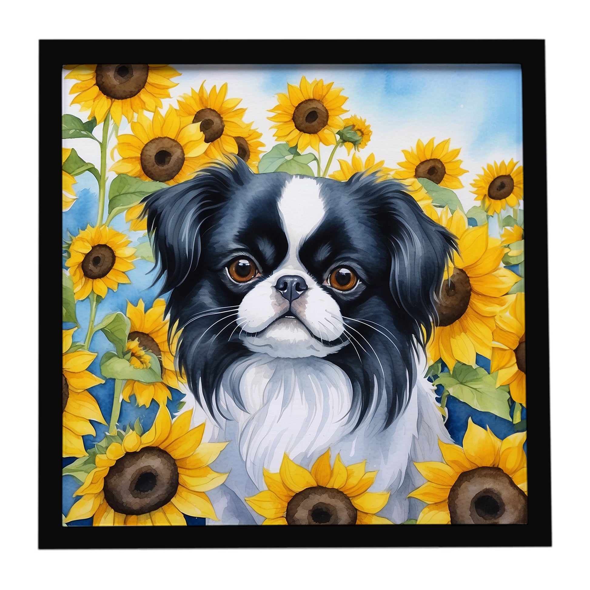 Buy this Japanese Chin in Sunflowers Framed Metal Print