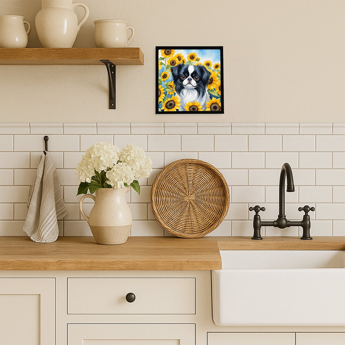 Japanese Chin in Sunflowers Framed Metal Print