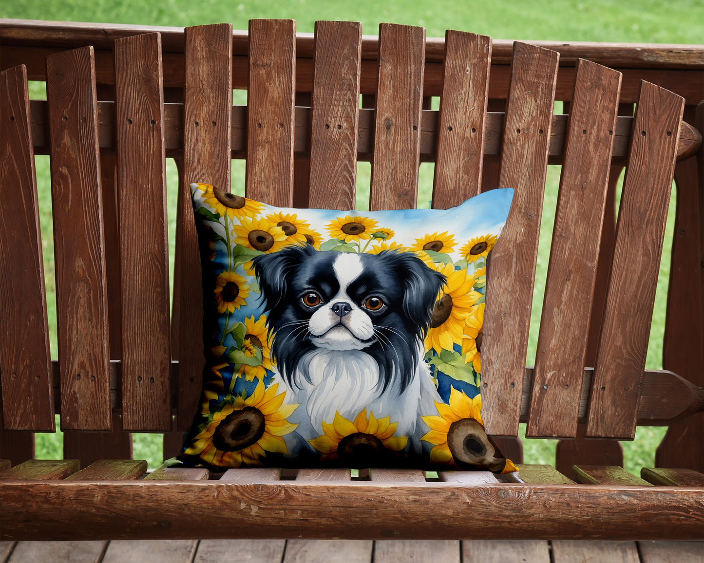 Japanese Chin in Sunflowers Throw Pillow