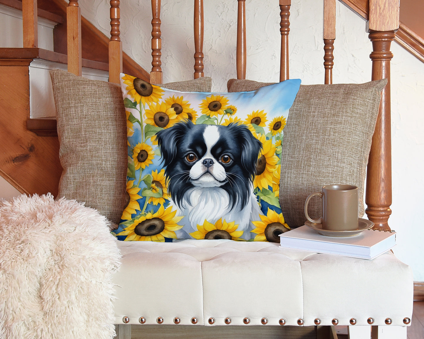 Japanese Chin in Sunflowers Throw Pillow