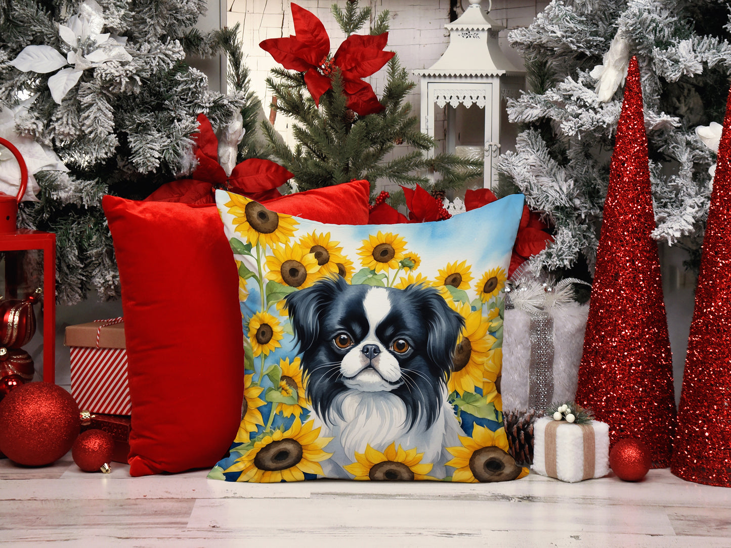 Japanese Chin in Sunflowers Throw Pillow