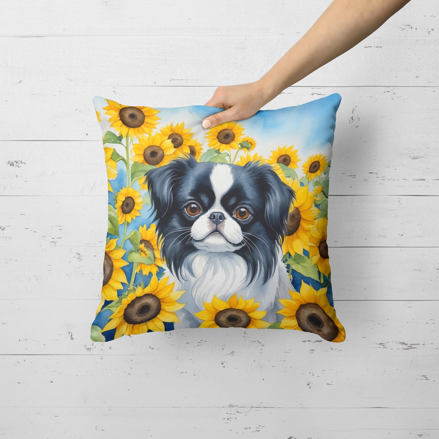 Japanese Chin in Sunflowers Throw Pillow