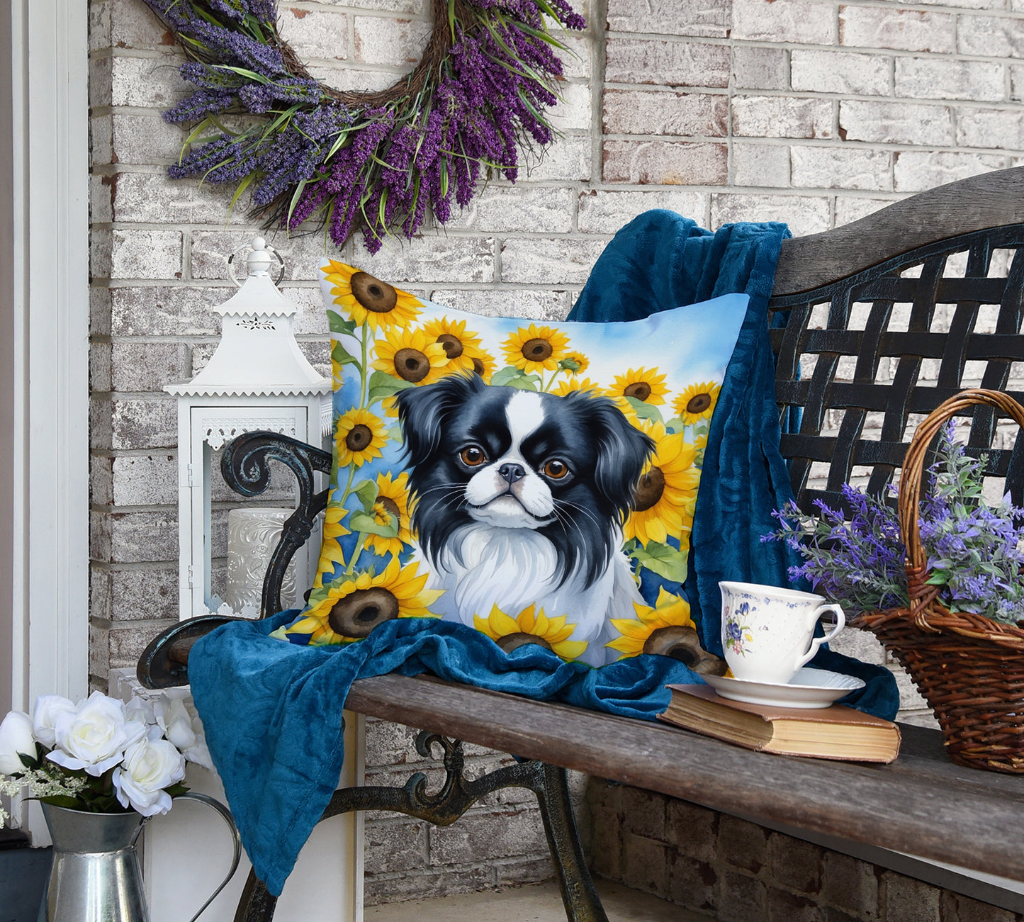 Japanese Chin in Sunflowers Throw Pillow