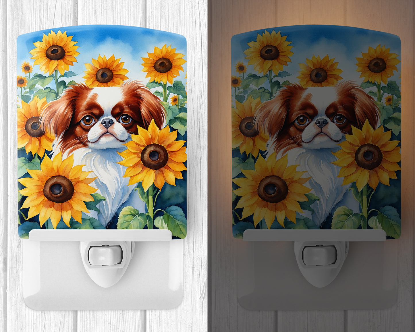 Japanese Chin in Sunflowers Ceramic Night Light