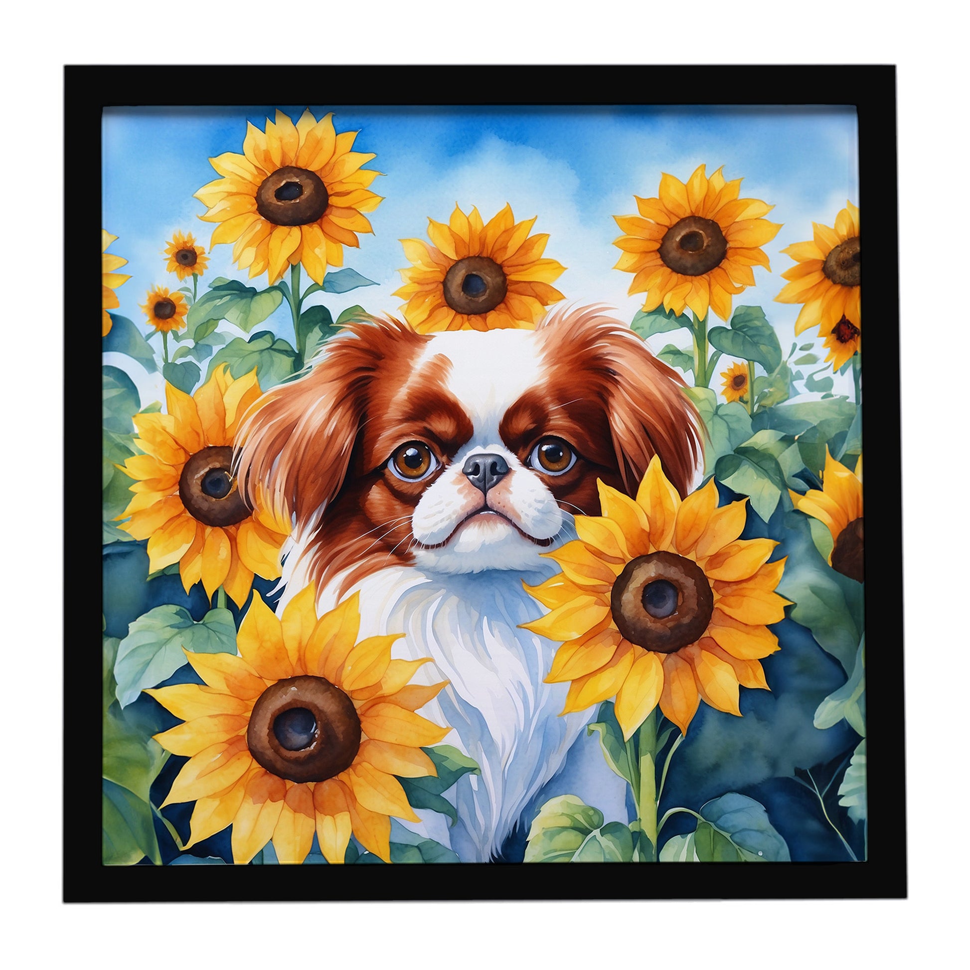Buy this Japanese Chin in Sunflowers Framed Metal Print