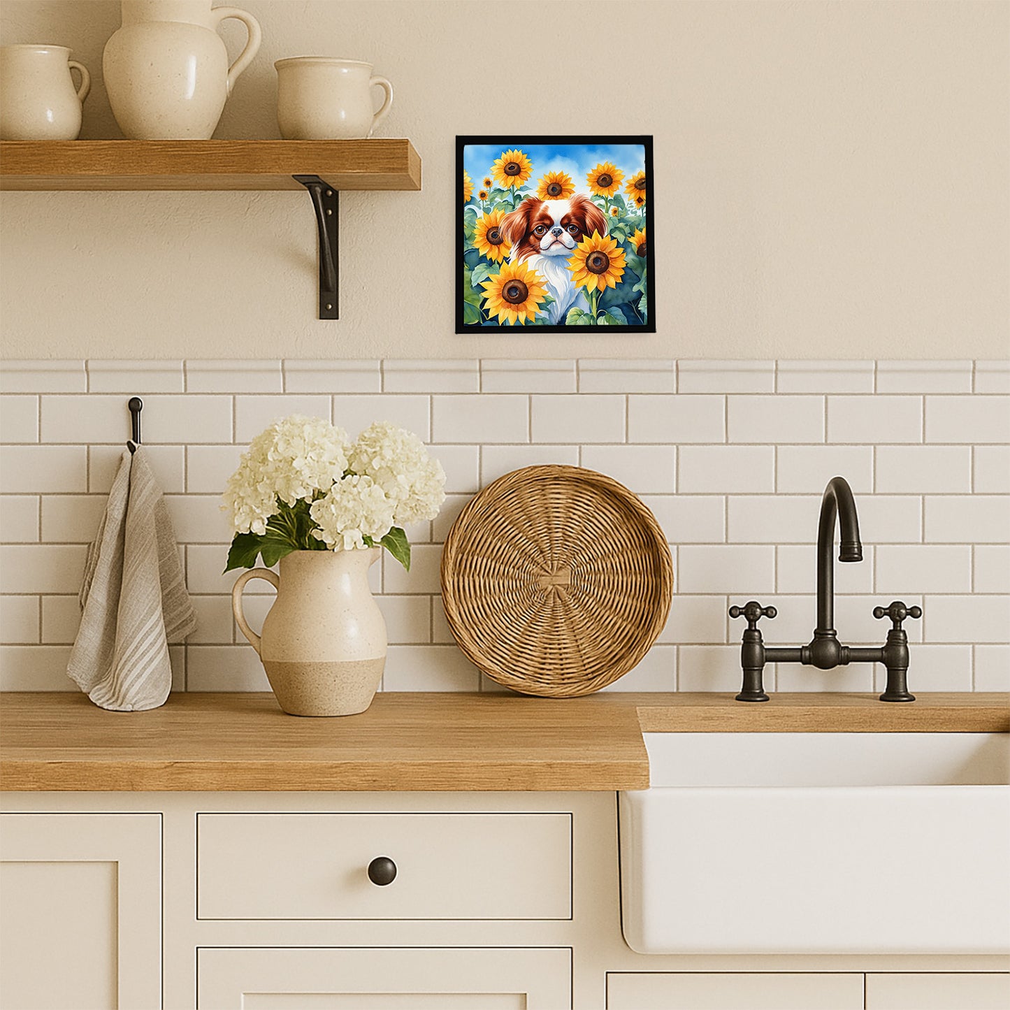Japanese Chin in Sunflowers Framed Metal Print
