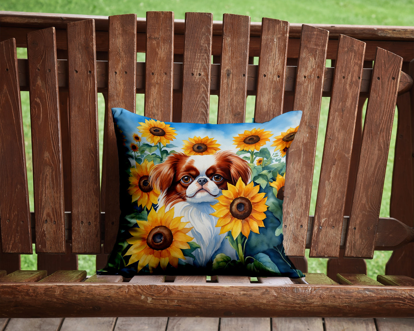 Japanese Chin in Sunflowers Throw Pillow