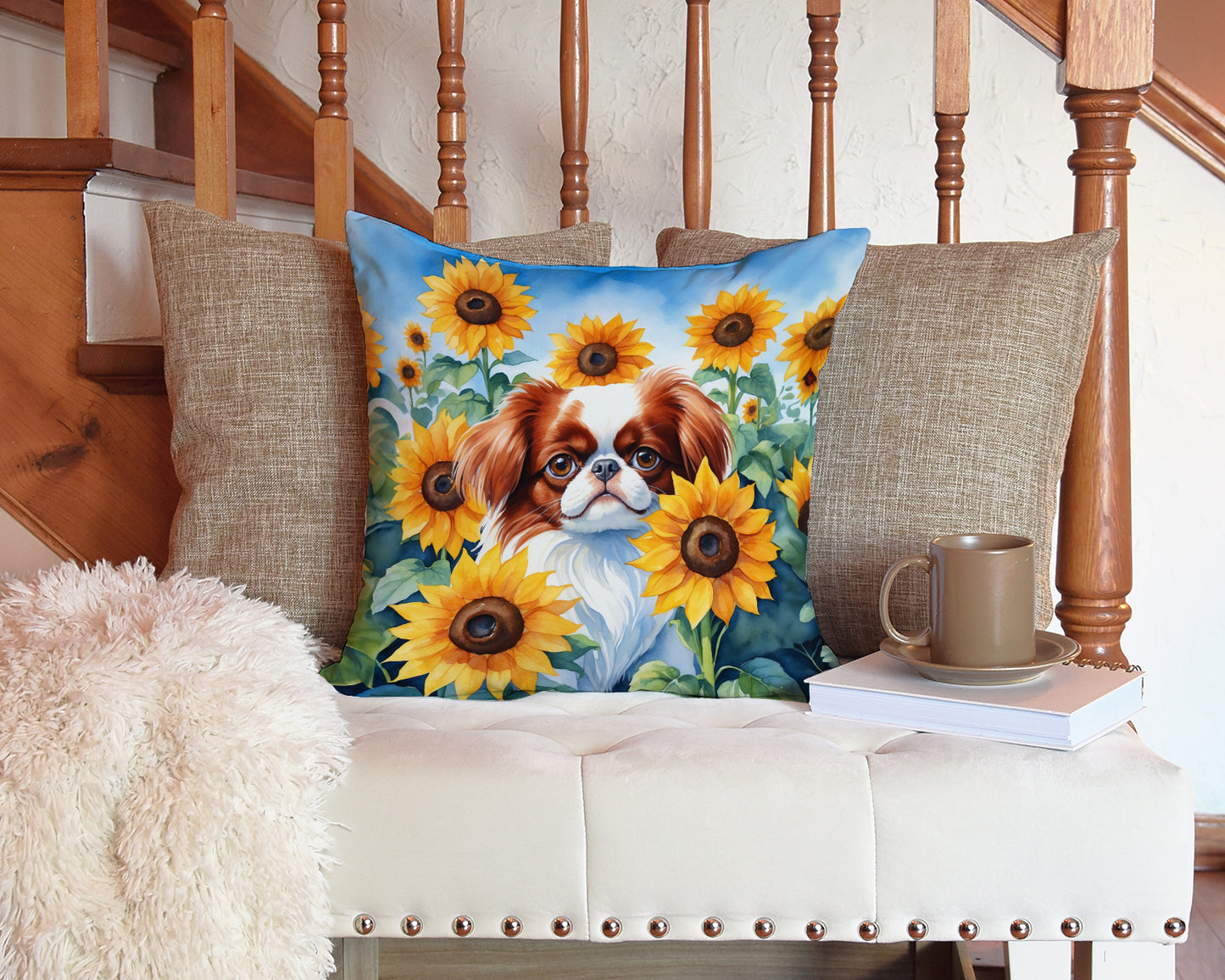 Japanese Chin in Sunflowers Throw Pillow