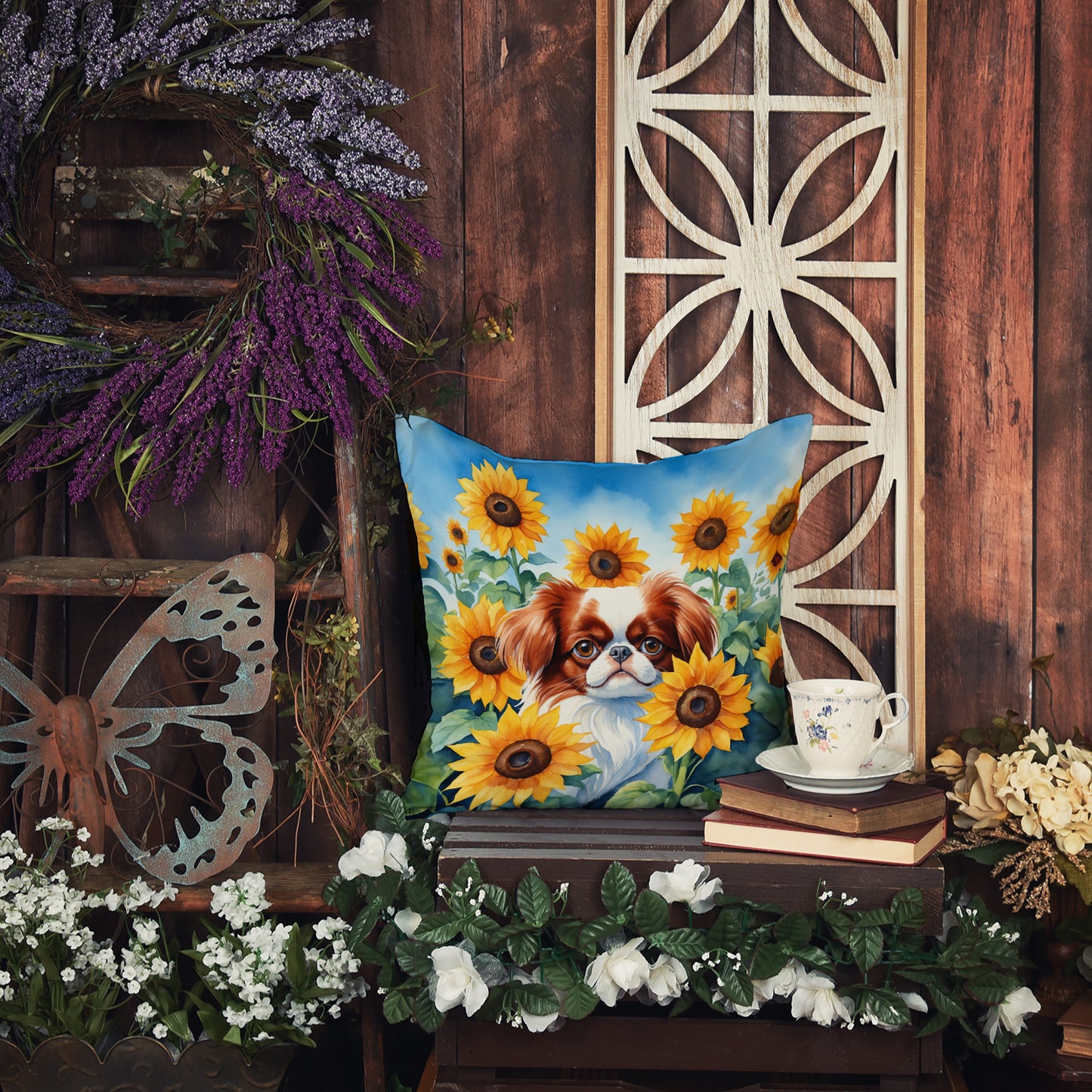 Japanese Chin in Sunflowers Throw Pillow