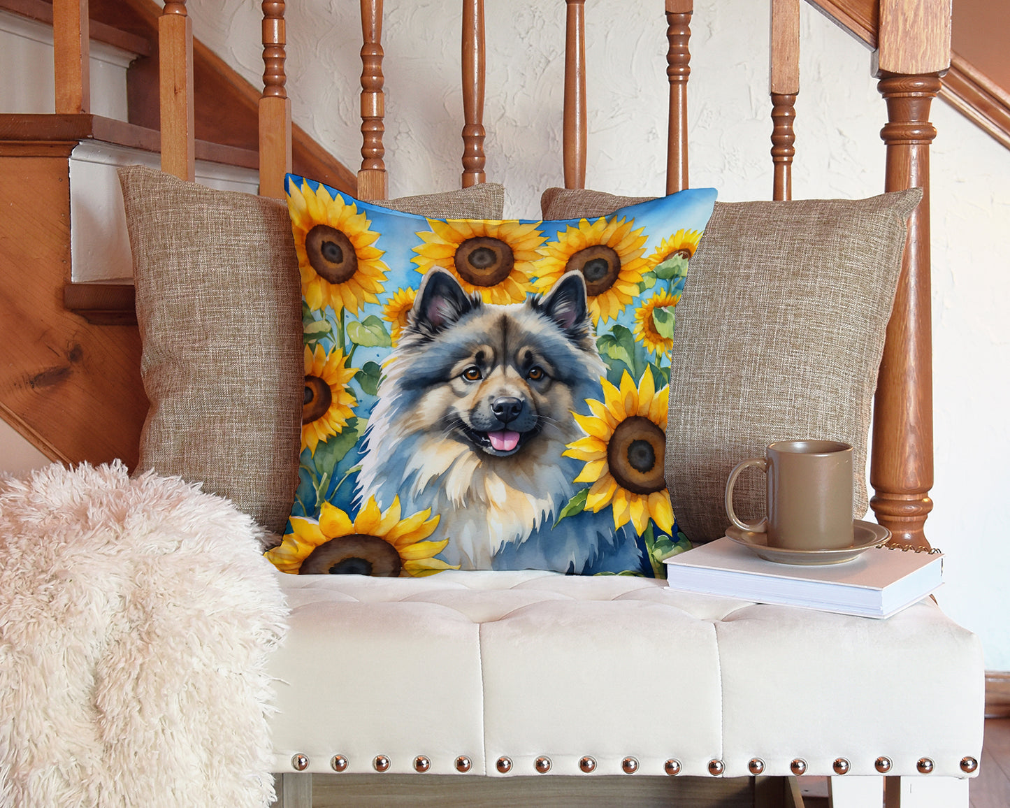 Keeshond in Sunflowers Throw Pillow