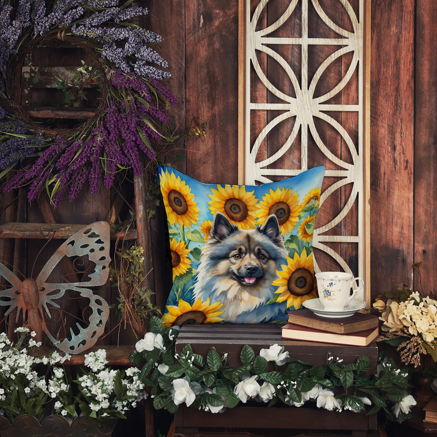 Keeshond in Sunflowers Throw Pillow