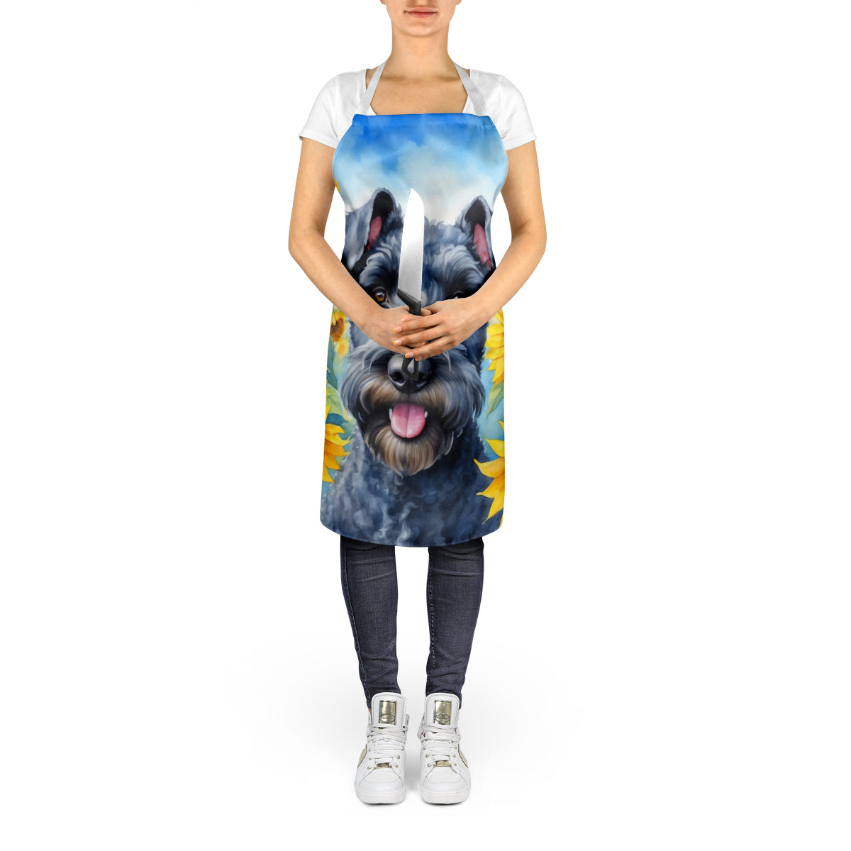 Kerry Blue Terrier in Sunflowers Apron