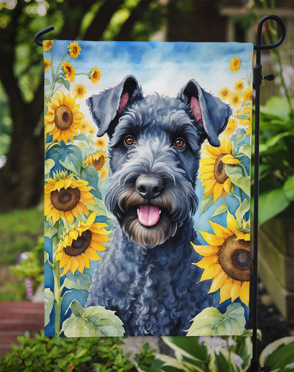 Kerry Blue Terrier in Sunflowers Garden Flag