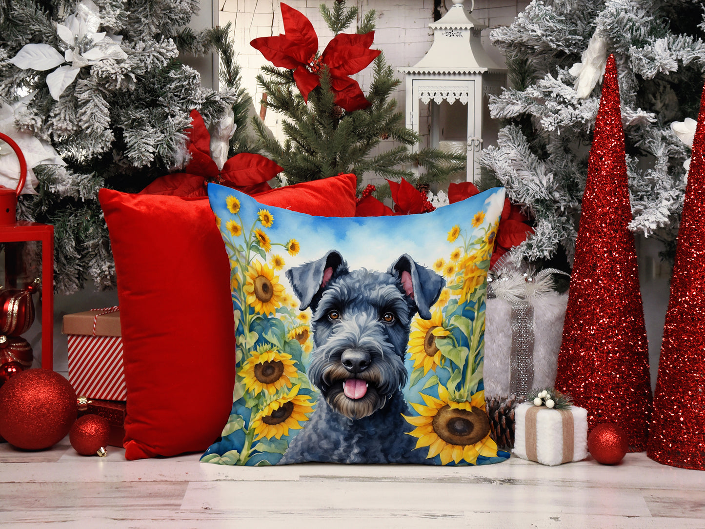 Kerry Blue Terrier in Sunflowers Throw Pillow