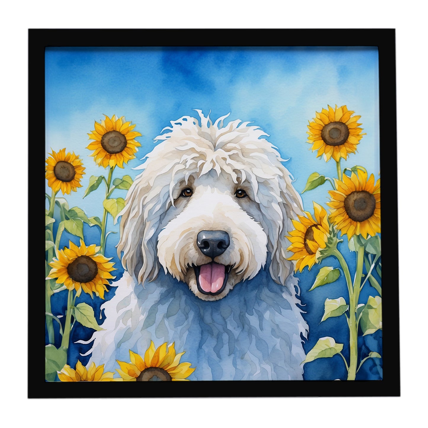 Buy this Komondor in Sunflowers Framed Metal Print