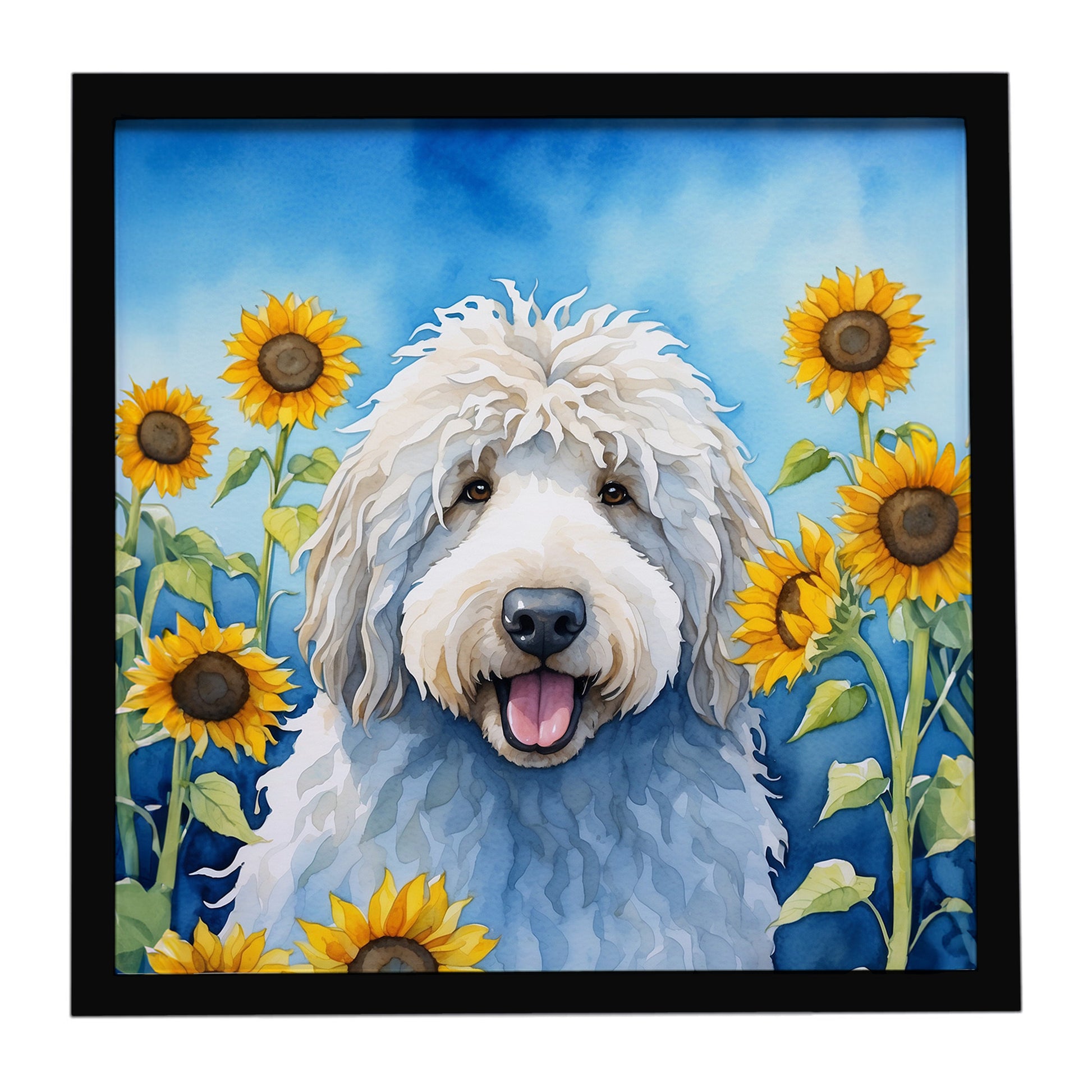 Buy this Komondor in Sunflowers Framed Metal Print