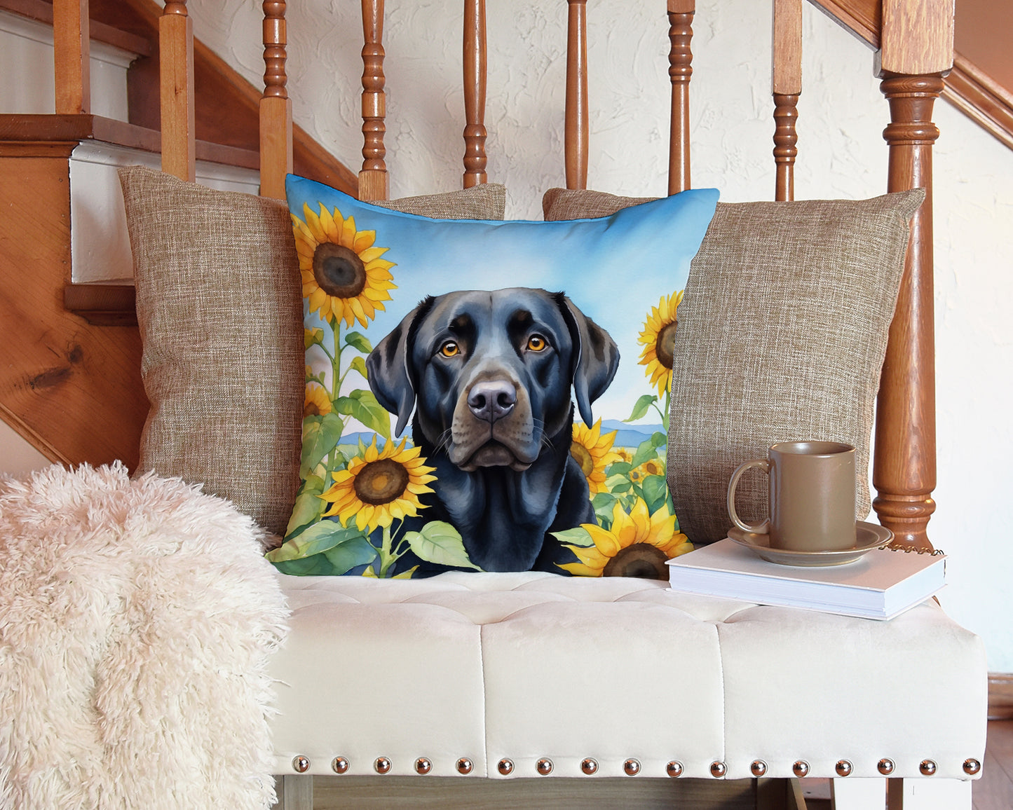 Labrador Retriever in Sunflowers Throw Pillow