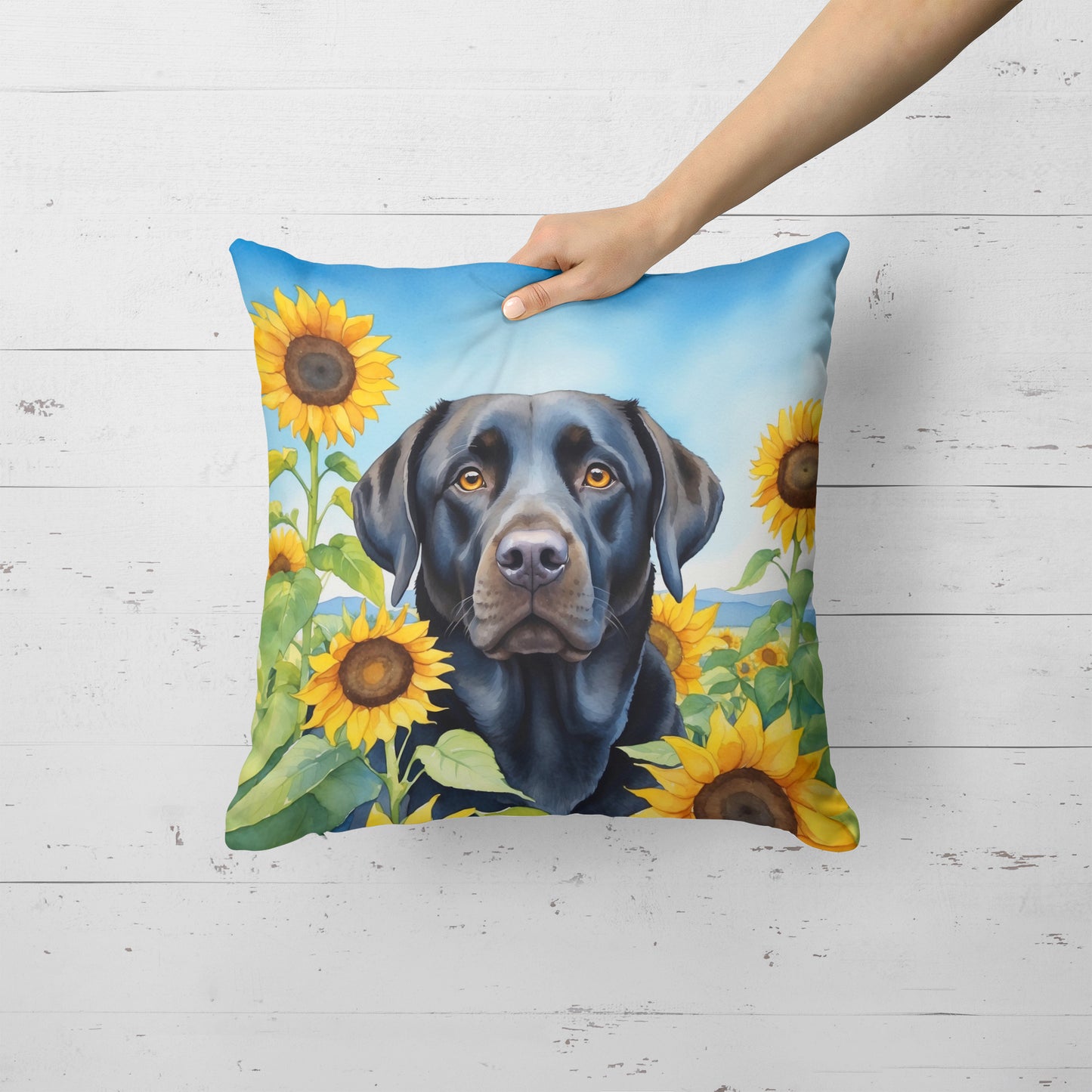 Labrador Retriever in Sunflowers Throw Pillow