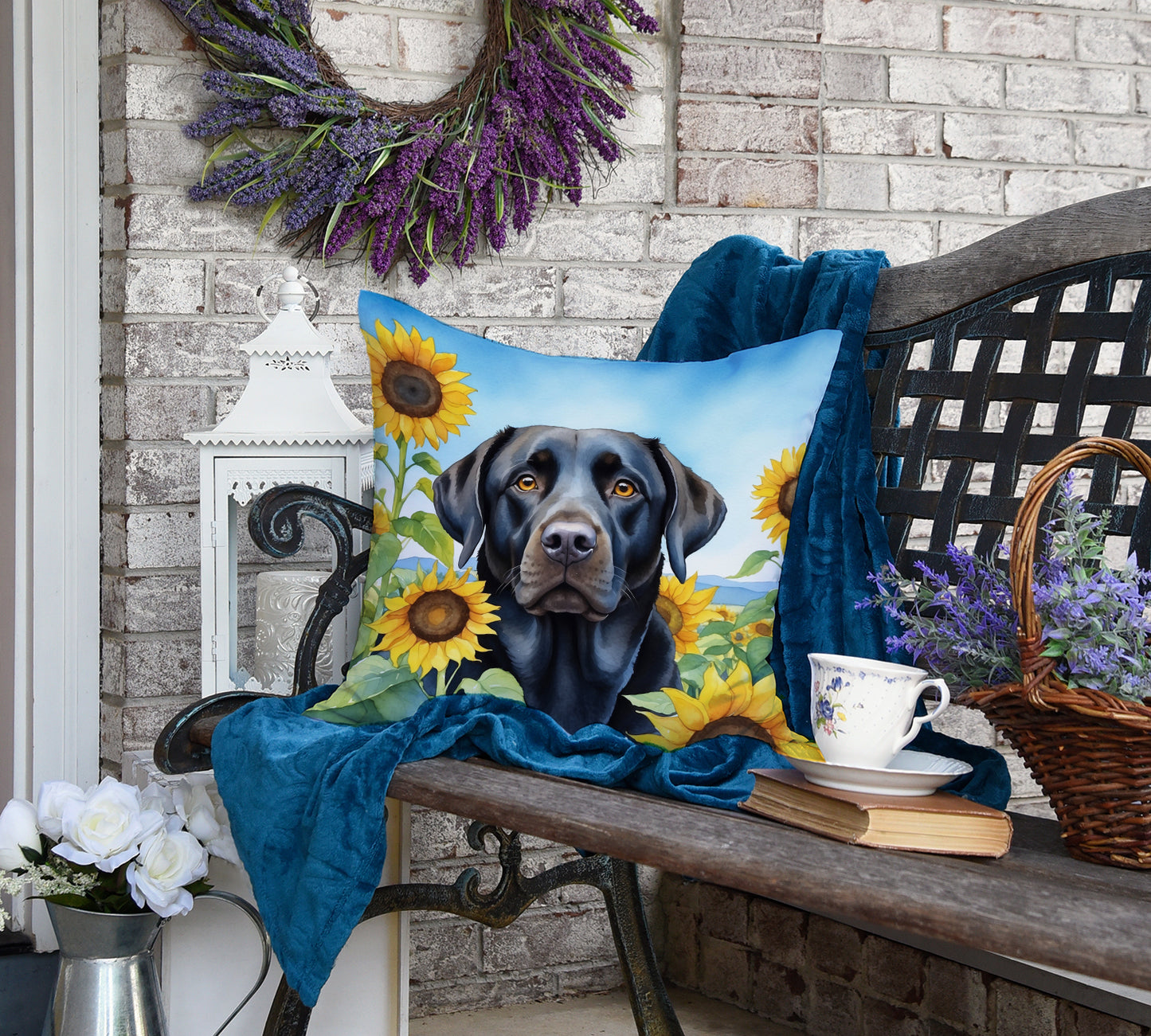 Labrador Retriever in Sunflowers Throw Pillow