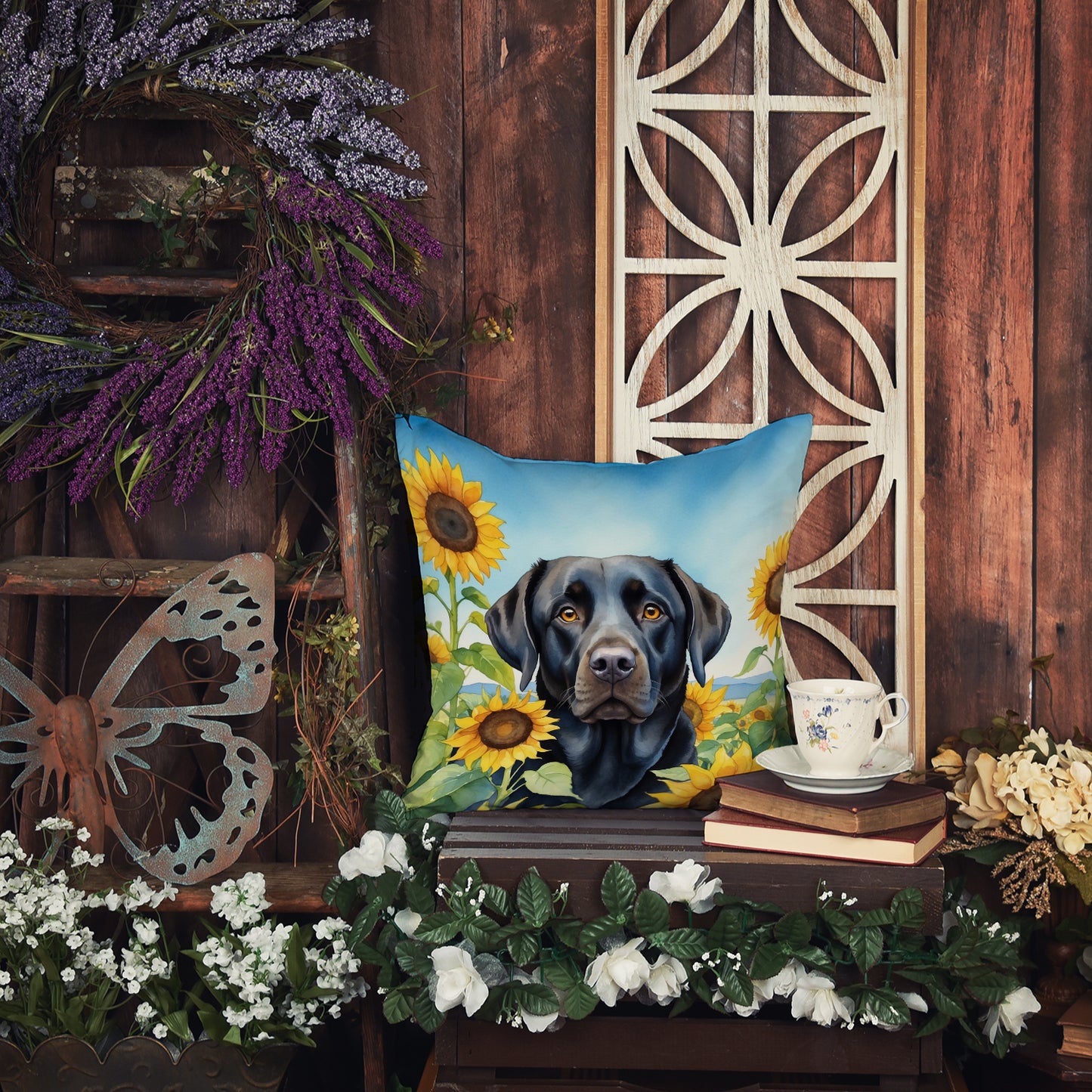 Labrador Retriever in Sunflowers Throw Pillow