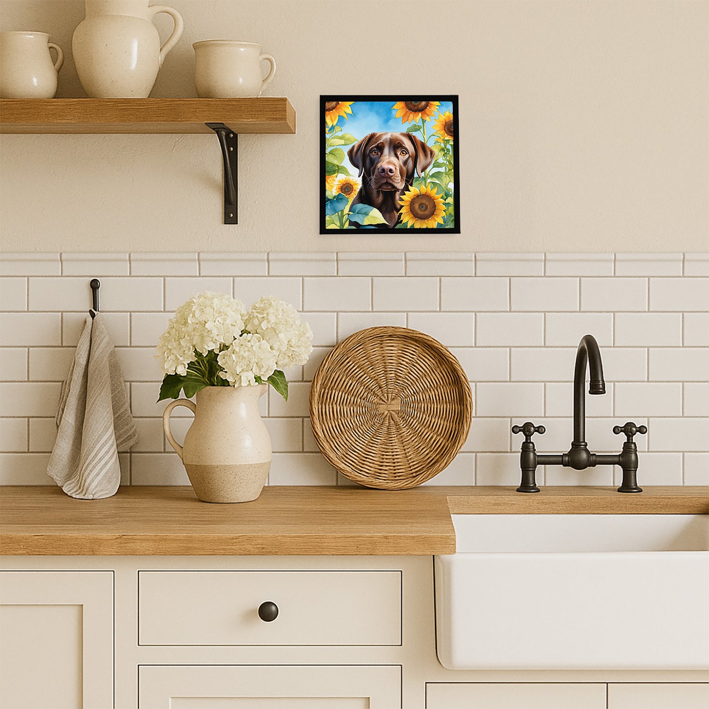 Labrador Retriever in Sunflowers Framed Metal Print