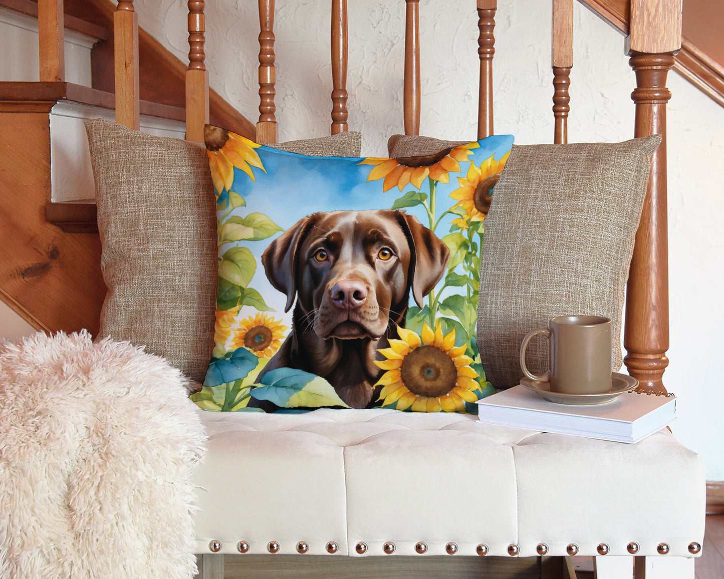 Labrador Retriever in Sunflowers Throw Pillow