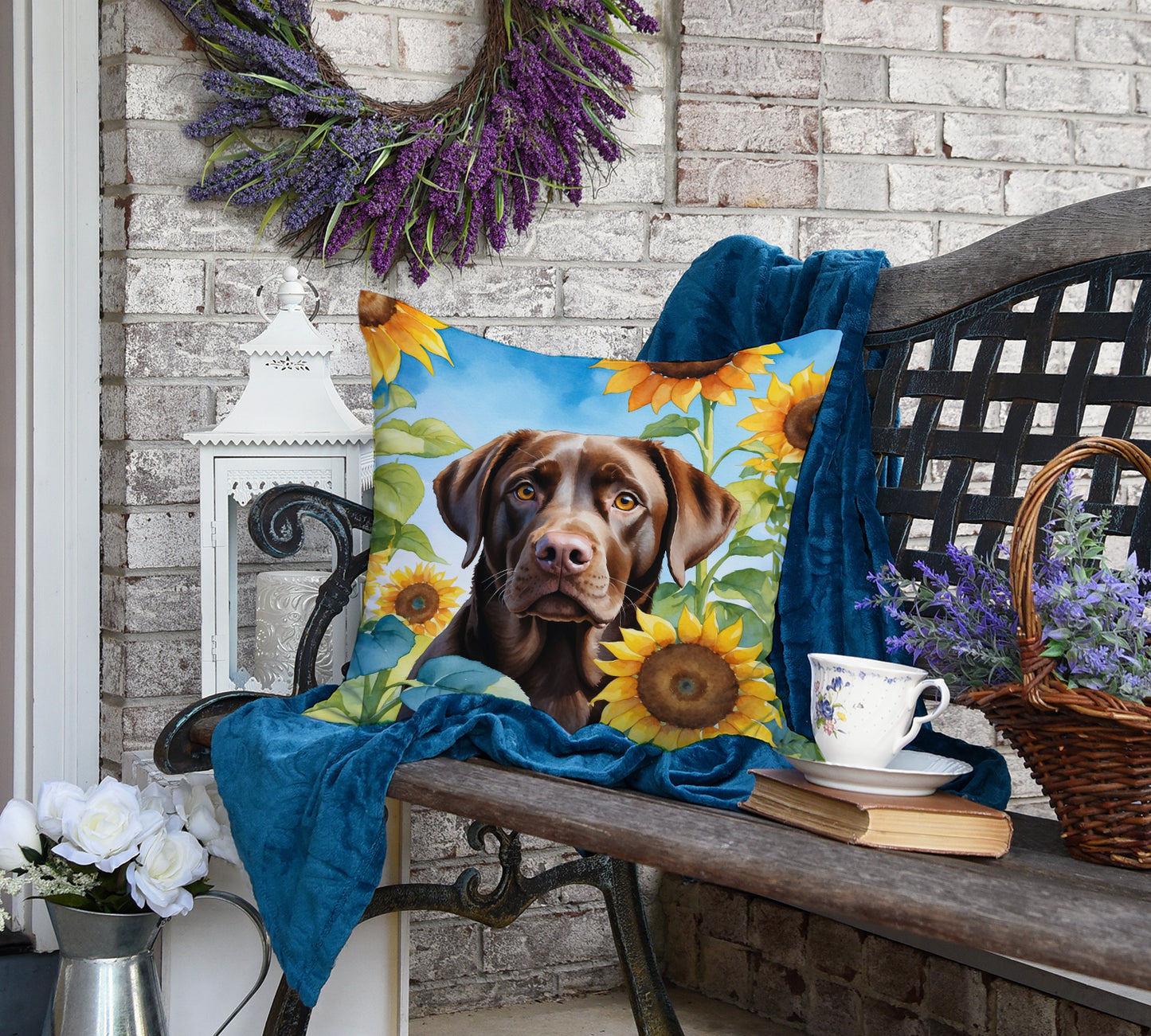 Labrador Retriever in Sunflowers Throw Pillow