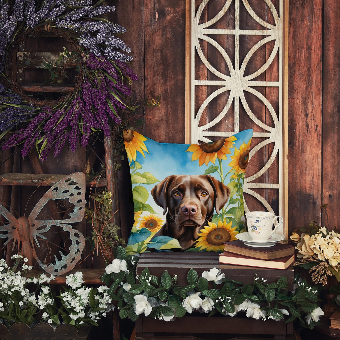 Labrador Retriever in Sunflowers Throw Pillow