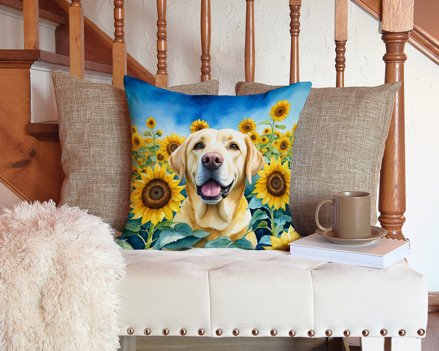 Labrador Retriever in Sunflowers Throw Pillow