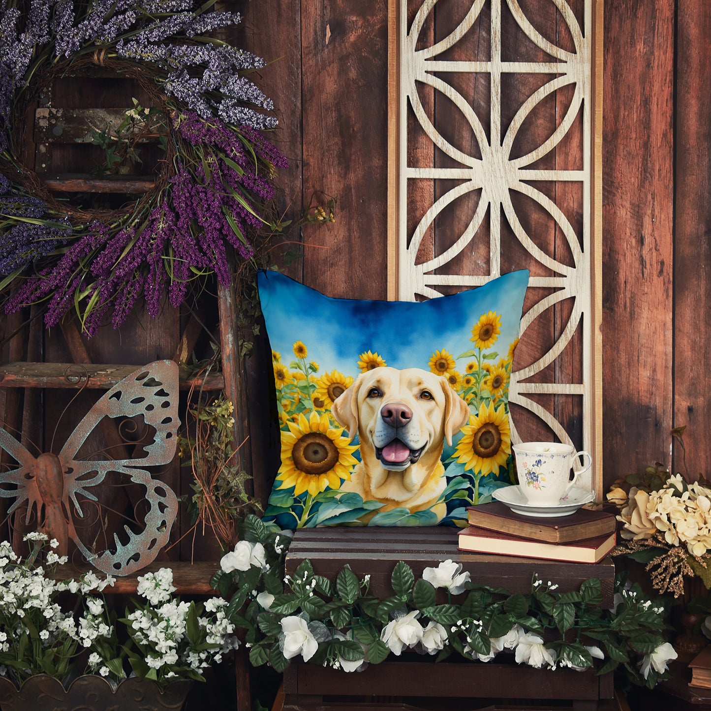 Labrador Retriever in Sunflowers Throw Pillow