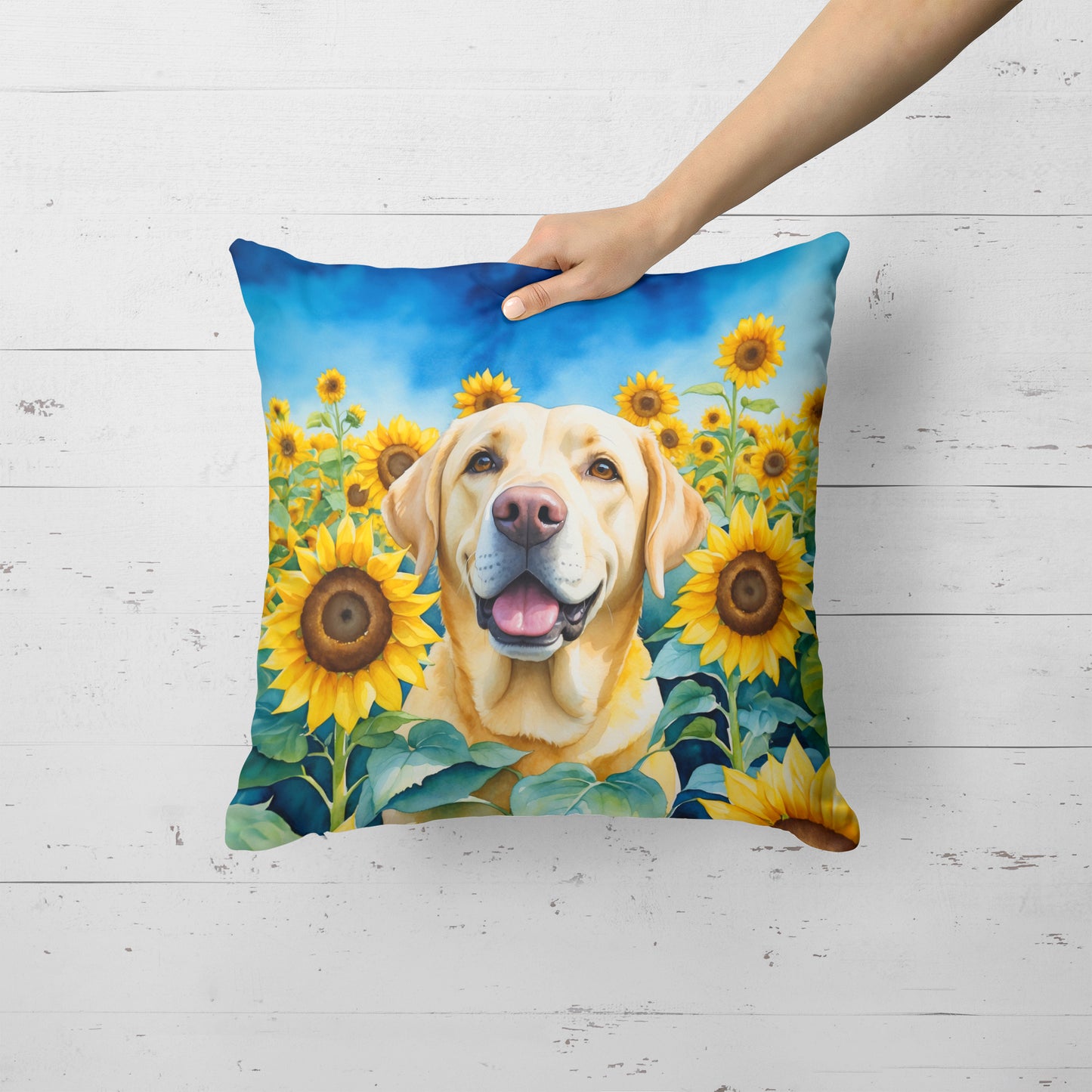 Labrador Retriever in Sunflowers Throw Pillow