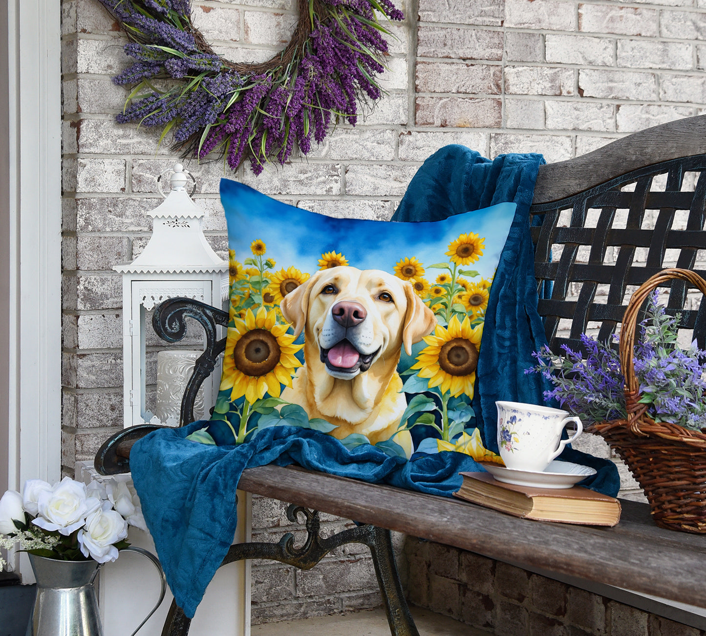 Labrador Retriever in Sunflowers Throw Pillow