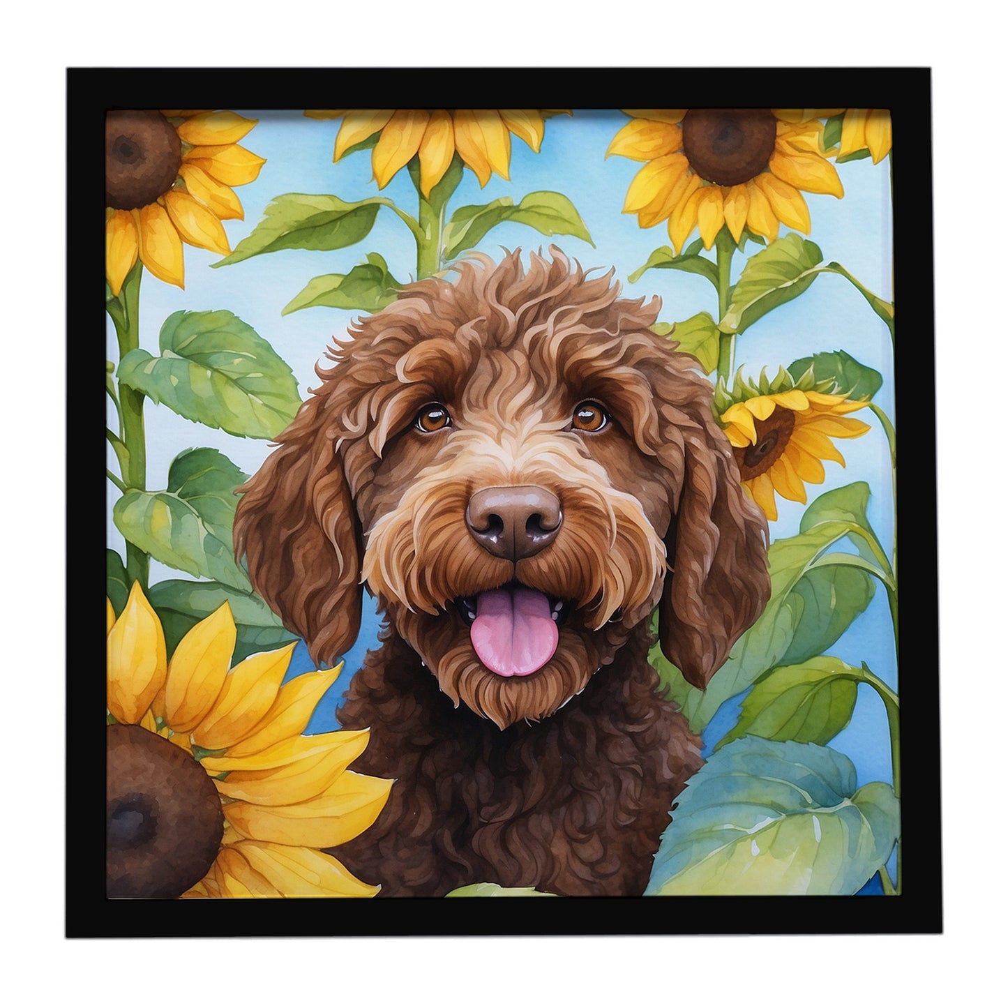 Buy this Labradoodle in Sunflowers Framed Metal Print
