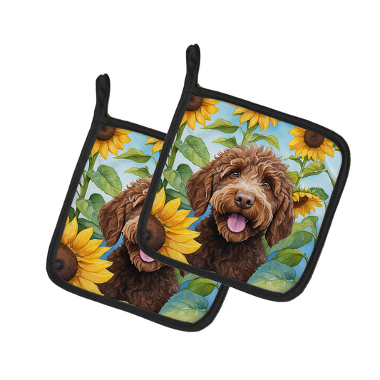 Buy this Labradoodle in Sunflowers Pair of Pot Holders