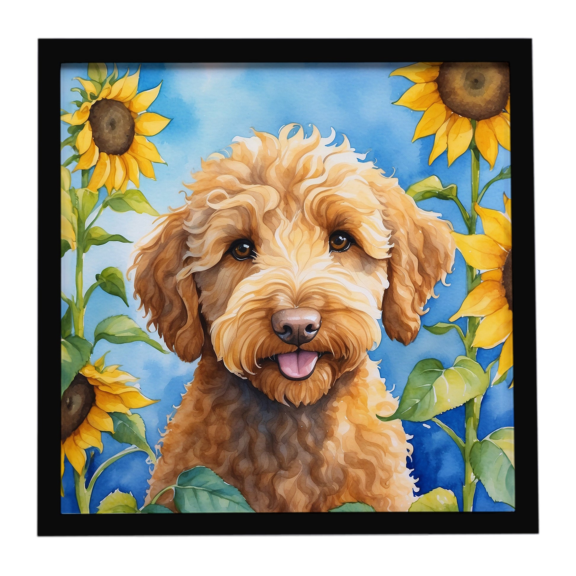 Buy this Labradoodle in Sunflowers Framed Metal Print