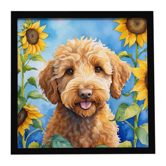 Buy this Labradoodle in Sunflowers Framed Metal Print