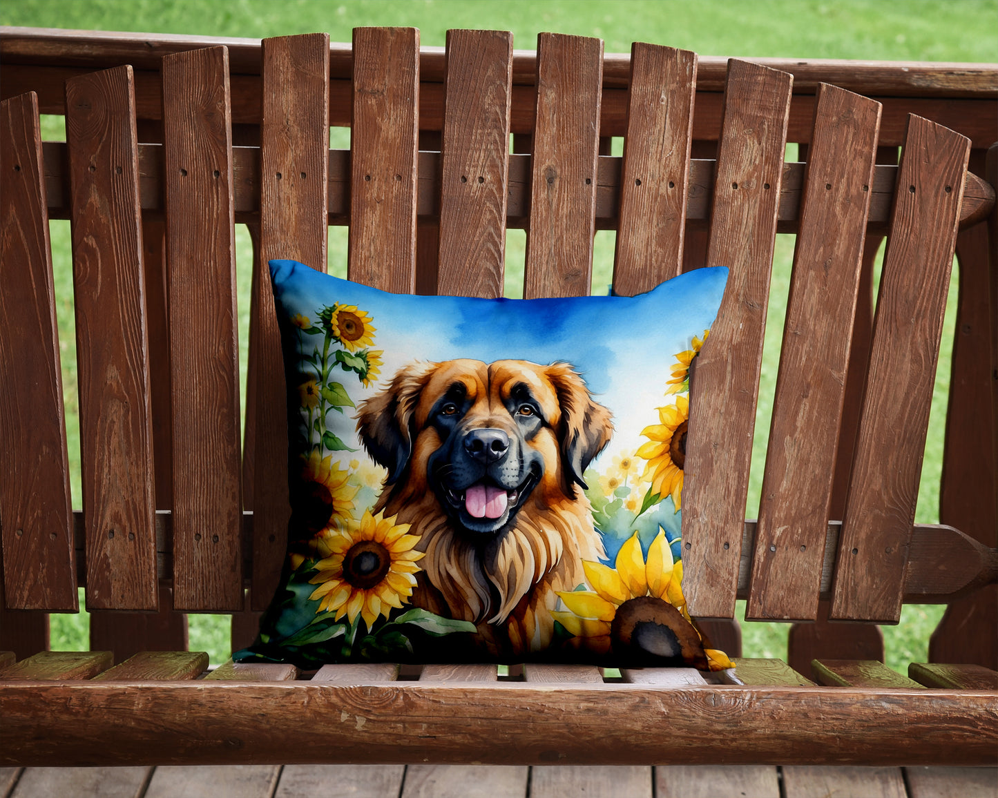 Leonberger in Sunflowers Throw Pillow