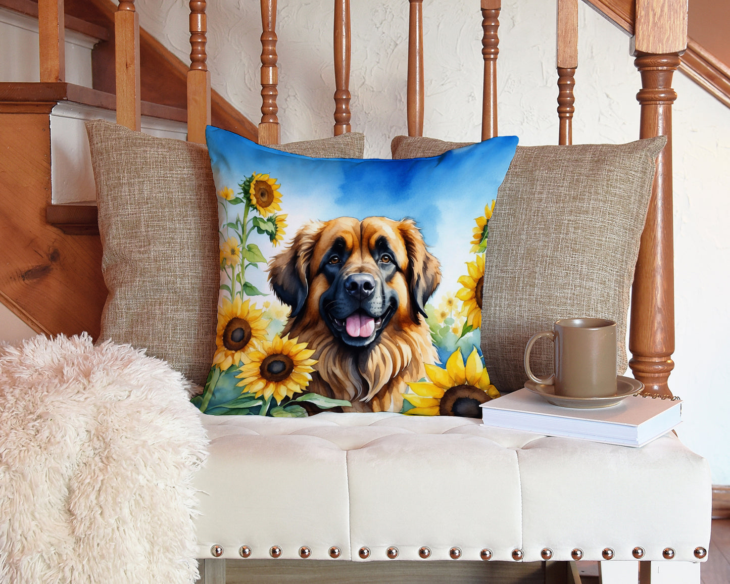 Leonberger in Sunflowers Throw Pillow