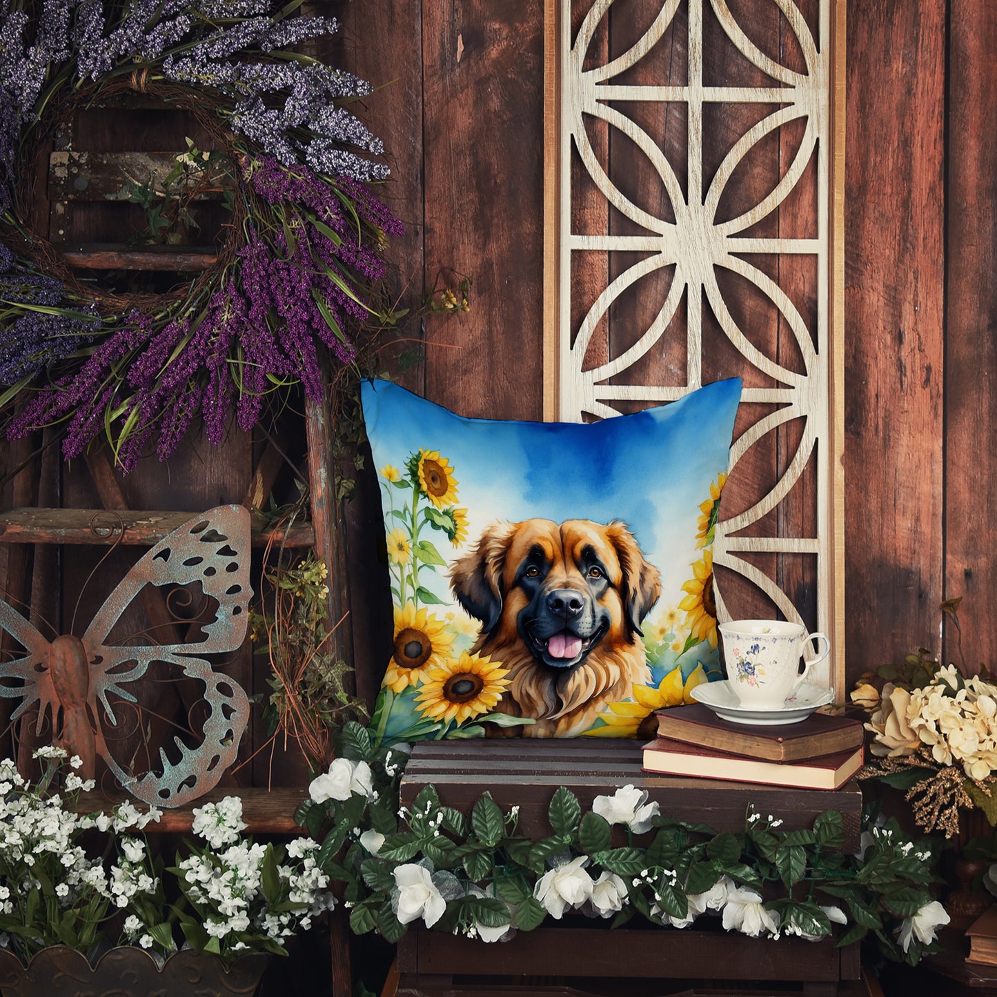 Leonberger in Sunflowers Throw Pillow